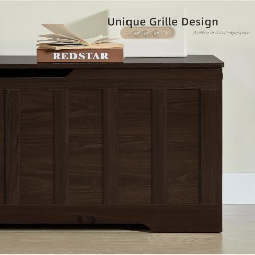 vankiley 47.2" storage chest extra large,wooden storage trunk(espresso) on a desk or shelf