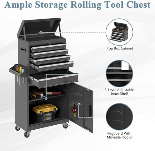 tool chest, 5 drawers rolling tool cabinet, removable showing dimensions