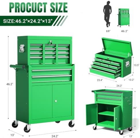 10-drawer rolling tool chest with wheels, lockable 2-in-1, close-up detail