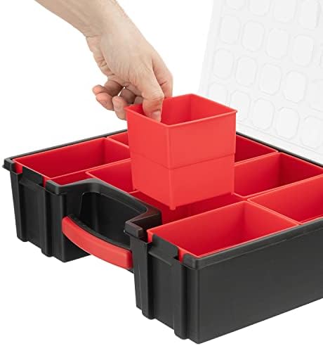 intertool hardware organizer with 8 deep removable bins, side view