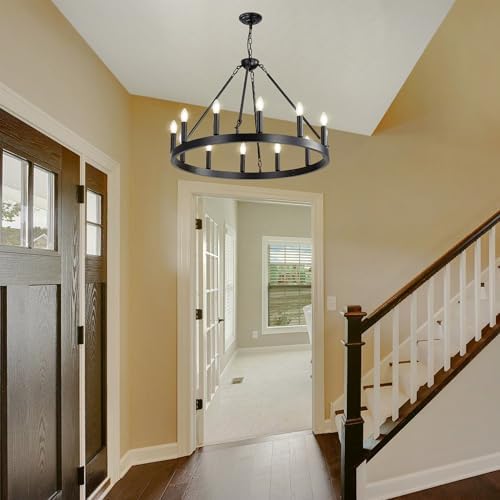 Black Wagon Wheel Chandelier, 12-Lights 32 Inch Farmhouse Pendant Light Fixture, Round Rustic Hanging Lighting for Dining Room Kitchen Island Foyer Entryway