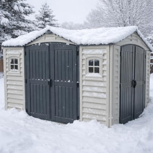 duramax apex pro 10.5x8 dual-access vinyl storage shed showing dimensions