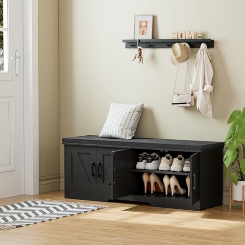 homsho farmhouse shoe storage bench with 4 barn shown in use