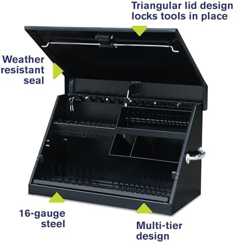 montezuma me300b 30-inch portable triangle toolbox, black on a desk or shelf