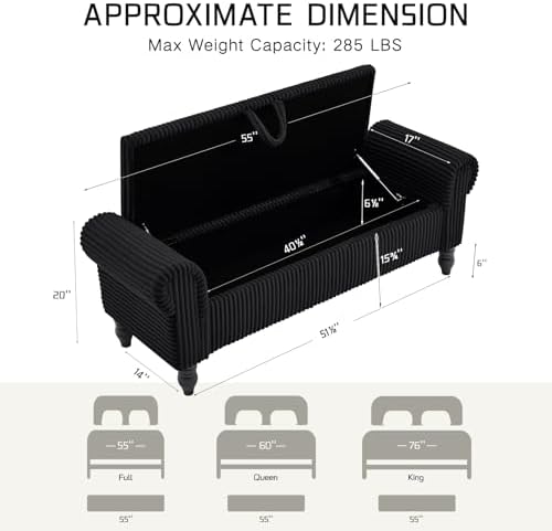 55" corduroy storage ottoman bench, queen bed, black shown in use
