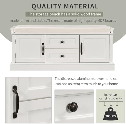 gdfstudio rustic storage bench with 4 doors 2 showing dimensions