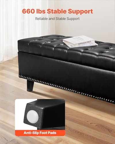 vevor button-tufted storage ottoman bench, pu leather bench, side view