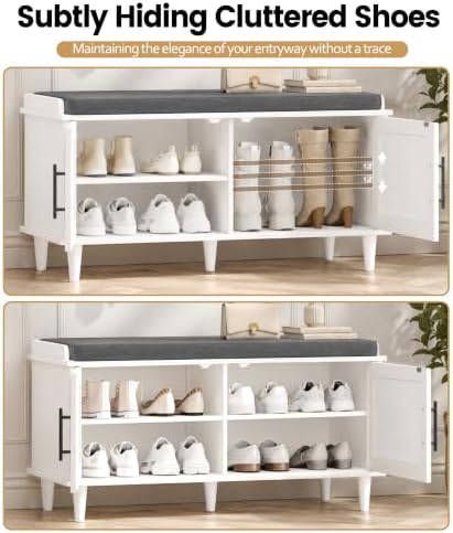 akxomel 39.4" rattan shoe storage bench 2 doors showing dimensions