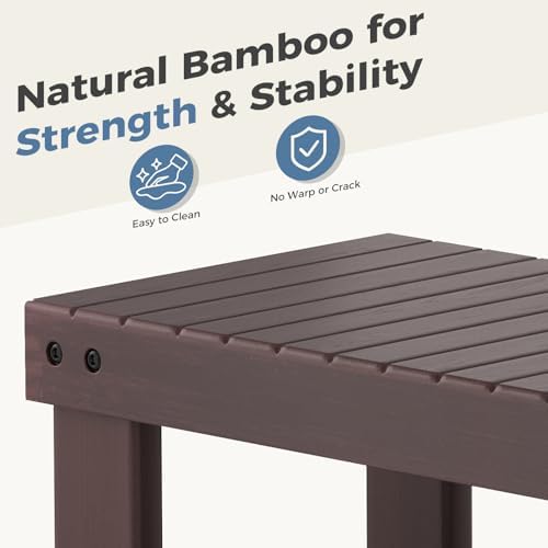 dumos wooden shoe rack bench, 3-tier bamboo entryway showing dimensions