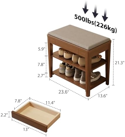 solid wood shoe bench with storage, 2-tier shoe shown in use