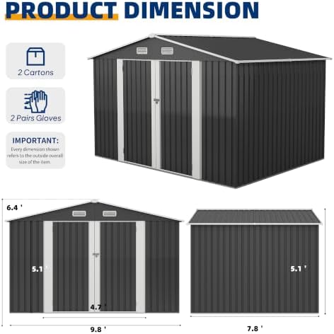 udpatio 10x8 ft outdoor storage shed, metal shed, side view