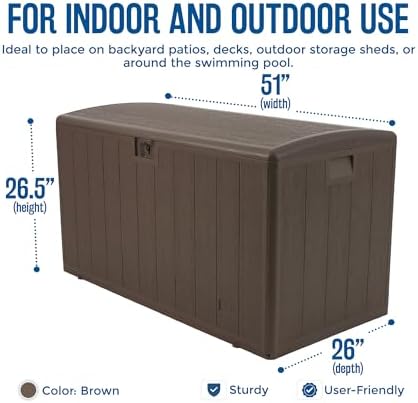 plastic development group outdoor deck box, soft close shown in use