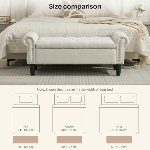 softhion 50" storage bench for bedroom, linen upholstered, close-up detail