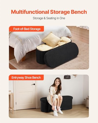 vevor oval storage ottoman bench, foldable teddy fleece showing dimensions