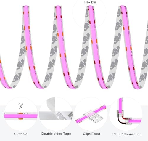 COB LED Strip Purple DC12V High Density 480LEDs/m Light 16.4FT | Dimmable Flexible Uniform Bright Cuttable CRI90+ 8MM Width Cob LED Tape for Cabinet Indoor Decor(No Adapter/Controller)