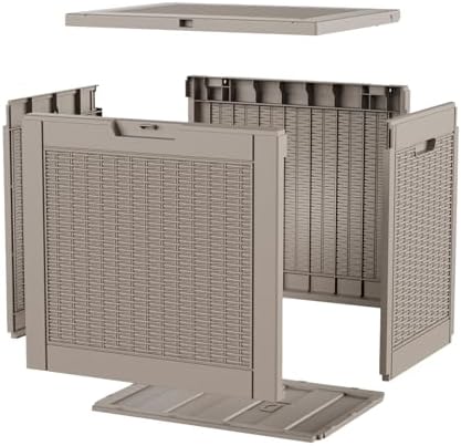 31 gallon deck box, lockable waterproof outdoor storage on a desk or shelf