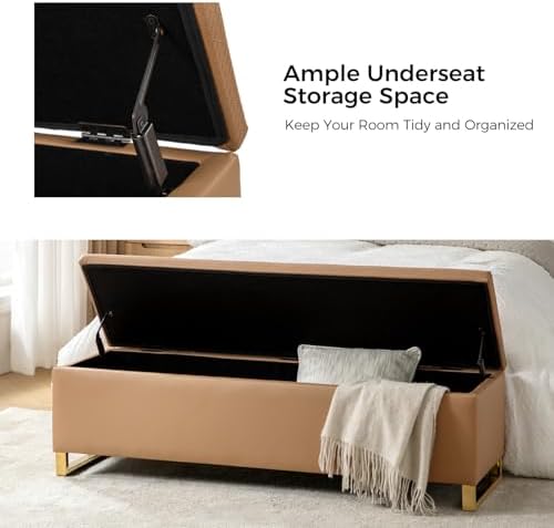 60" leather storage bench with throw ottomans, large, close-up detail