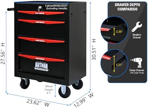 4-drawer rolling tool chest, lockable for garage,black, close-up detail