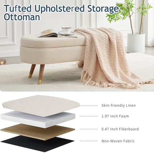 iafike oval storage bench 43.5" ottoman bench upholstered showing dimensions