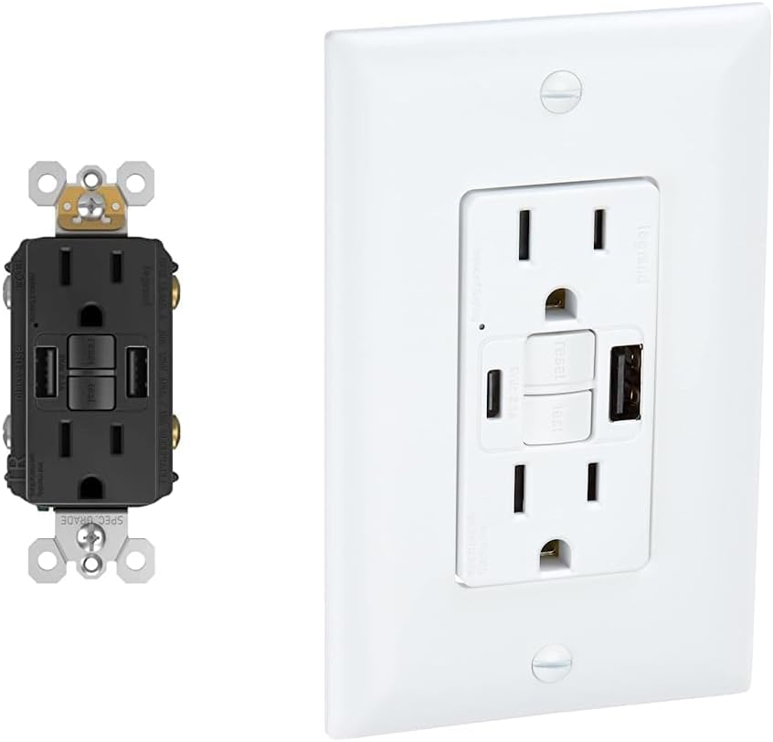 Legrand Radiant® USB GFCI Outlet with USB Ports, Tamper-Resistant, Self-Test, Black/White, 1597TRUSBAABK/1597TRUSBACW