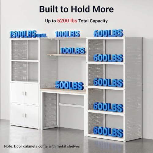 fleximounts 117"l modular garage storage cabinet with workbench, front angle view