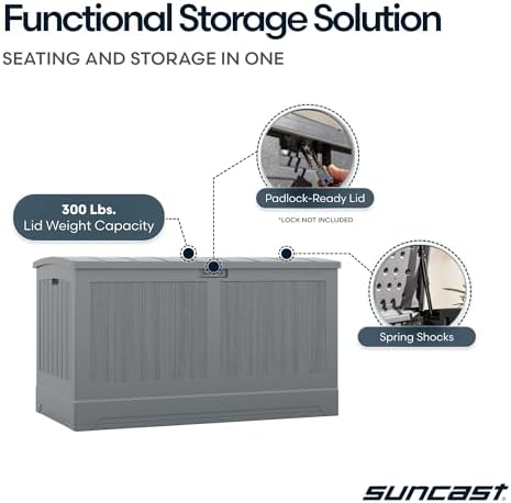suncast xl deck box, 200 gal, all weather showing dimensions