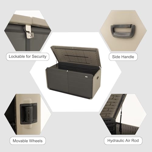 domi 260 gallon resin deck box, outdoor waterproof showing dimensions