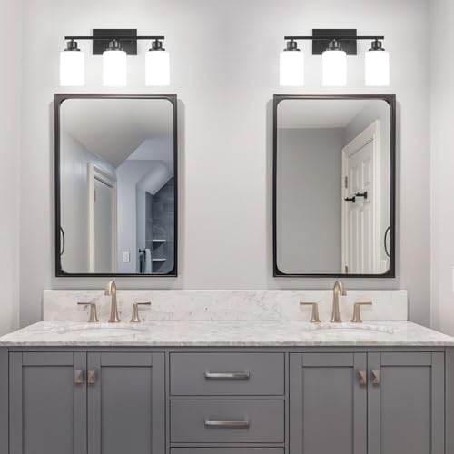 3-Light Black Bathroom Light Fixture Over Mirror,Modern Farmhouse Vanity Light,Wall Sconces with Milky White Glass Shade for Bathroom,Bedroom, Living Room,Staircase,Hallway E26