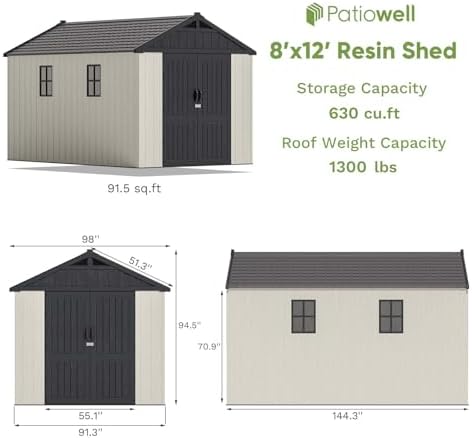 patiowell 8x12 ft resin outdoor storage shed with, side view