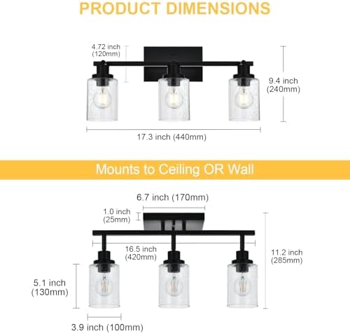 3-Light Black Track Lighting Kit Ceiling Mount Kitchen Track Lighting Fixtures, Bathroom Ceiling Tracking Vanity Light with Bubble Seeded Glass Shade & Rotatable Tracking Heads for Accent Shop
