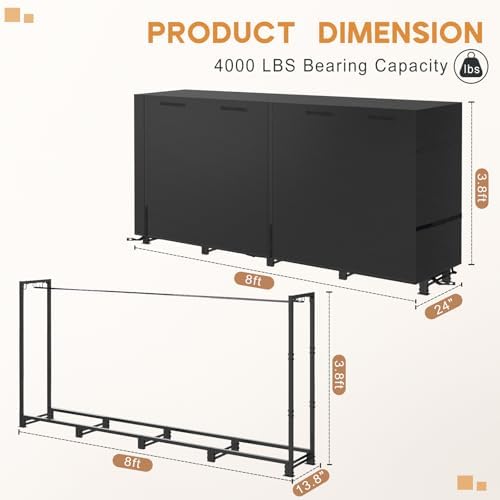 8ft firewood rack outdoor with waterproof widened cover, close-up detail