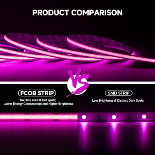 COB LED Strip Purple DC12V High Density 480LEDs/m Light 16.4FT | Dimmable Flexible Uniform Bright Cuttable CRI90+ 8MM Width Cob LED Tape for Cabinet Indoor Decor(No Adapter/Controller)