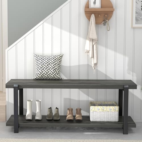 excefur industrial entryway bench with storage, rustic wood, front angle view