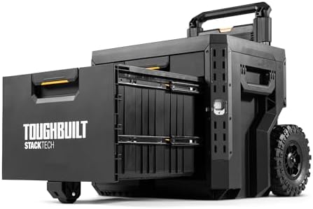 toughbuilt stacktech 2 drawer rolling locking tool box, side view
