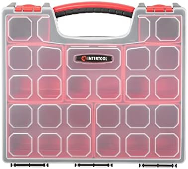 intertool hardware organizer with 7 deep removable bins, front angle view