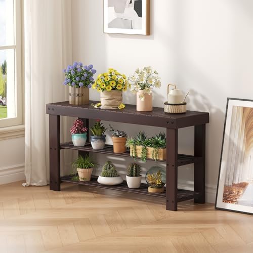 dumos wooden shoe rack bench, 3-tier bamboo entryway, front angle view