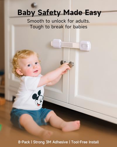 Infinno Cabinet Locks for Baby Proofing, Child Safety Latches, 12 Pack | No drill 3M adhesive, heavy duty hold, fits drawers, cupboards and fridge, installs in minutes, keeps toddlers and pets out