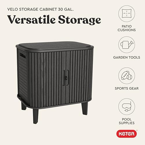 keter velo 30 gallon outdoor storage cabinet, front angle view