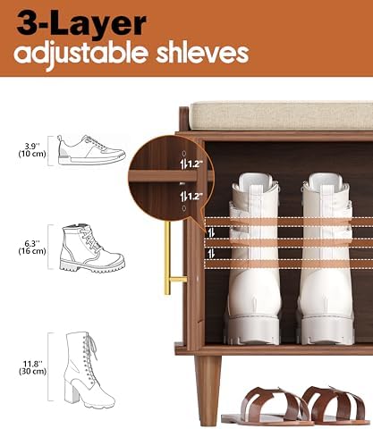 akxomel 39.4" rattan shoe storage bench 2 doors showing dimensions