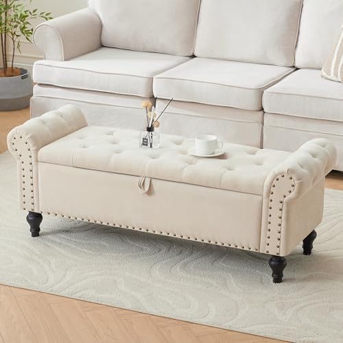 51" storage bench for bedroom, upholstered ottoman bench, front angle view