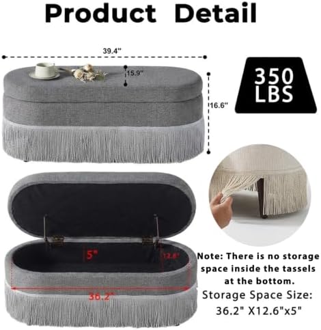 39.4“storage ottoman bench with tassels, oval end of shown in use