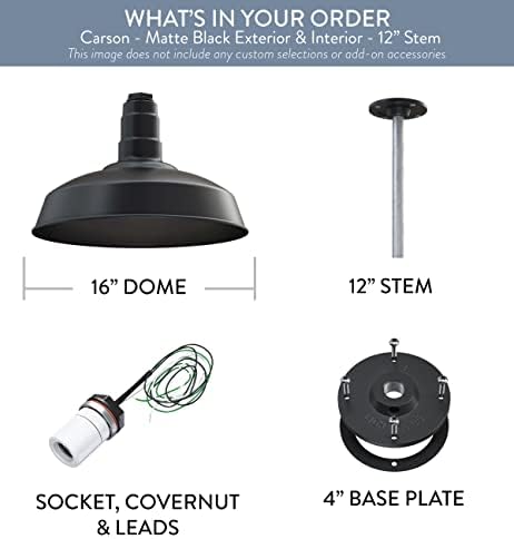 12" Stem Barn Light Pendant 16" Dome | Garage Workshop | Matte Black