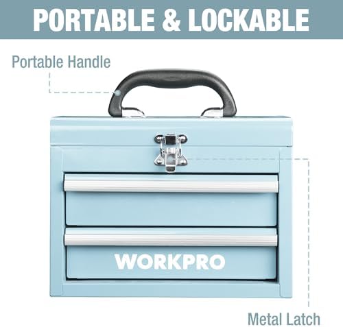 workpro portable mini metal tool box with 2, close-up detail