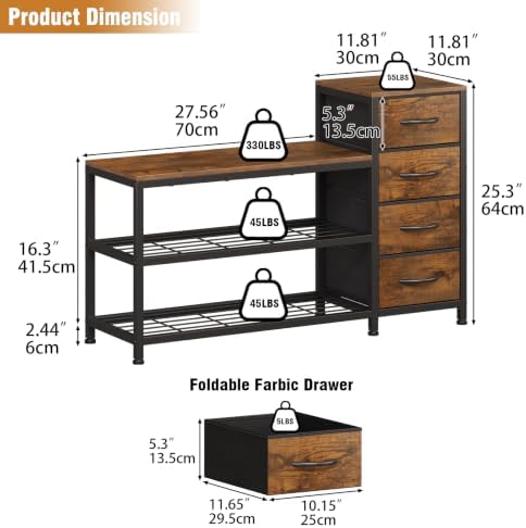 exotica industrial shoe storage bench with 4 drawers shown in use