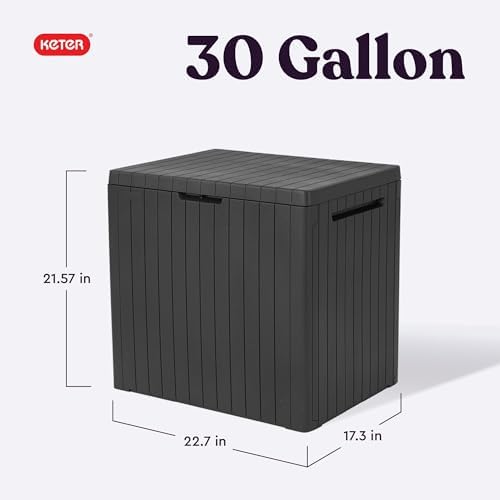 keter city 30 gal outdoor storage box and shown in use