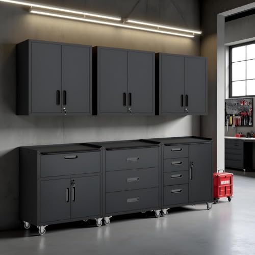metal garage storage cabinet on wheels, lockable rolling on a desk or shelf