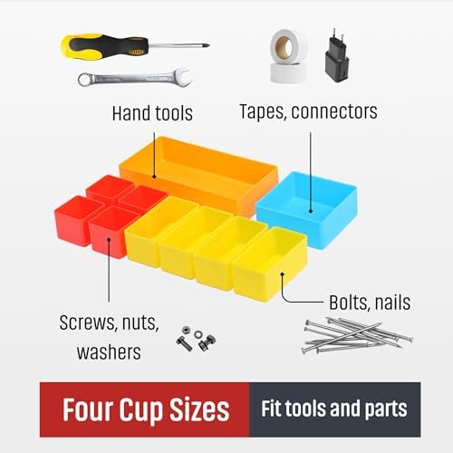 metal organizer box with 10 removable compartments, red showing dimensions