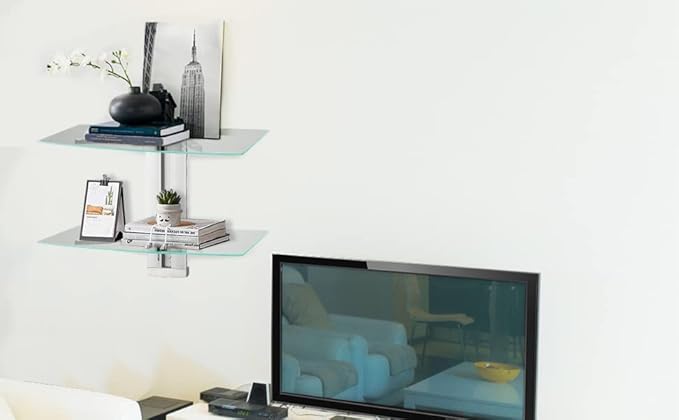 suptek 2 Tiers Glass Floating Shelves, Flat Black Wall Mount Bracket, AV Shelf - Image 9
