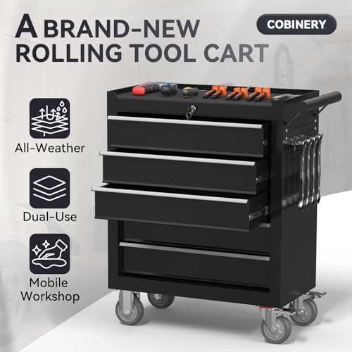5-drawer rolling tool chest with wheels, metal tool, close-up detail