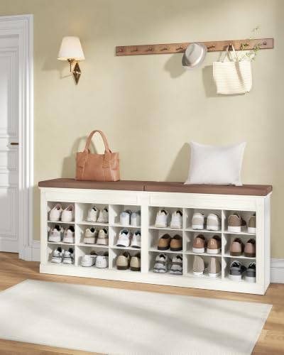 hzuaneri shoe storage bench with cushion,18-cubby shoe rack shown in use